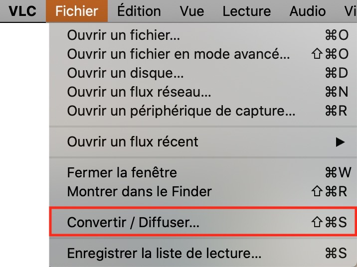 menu fichier vlc